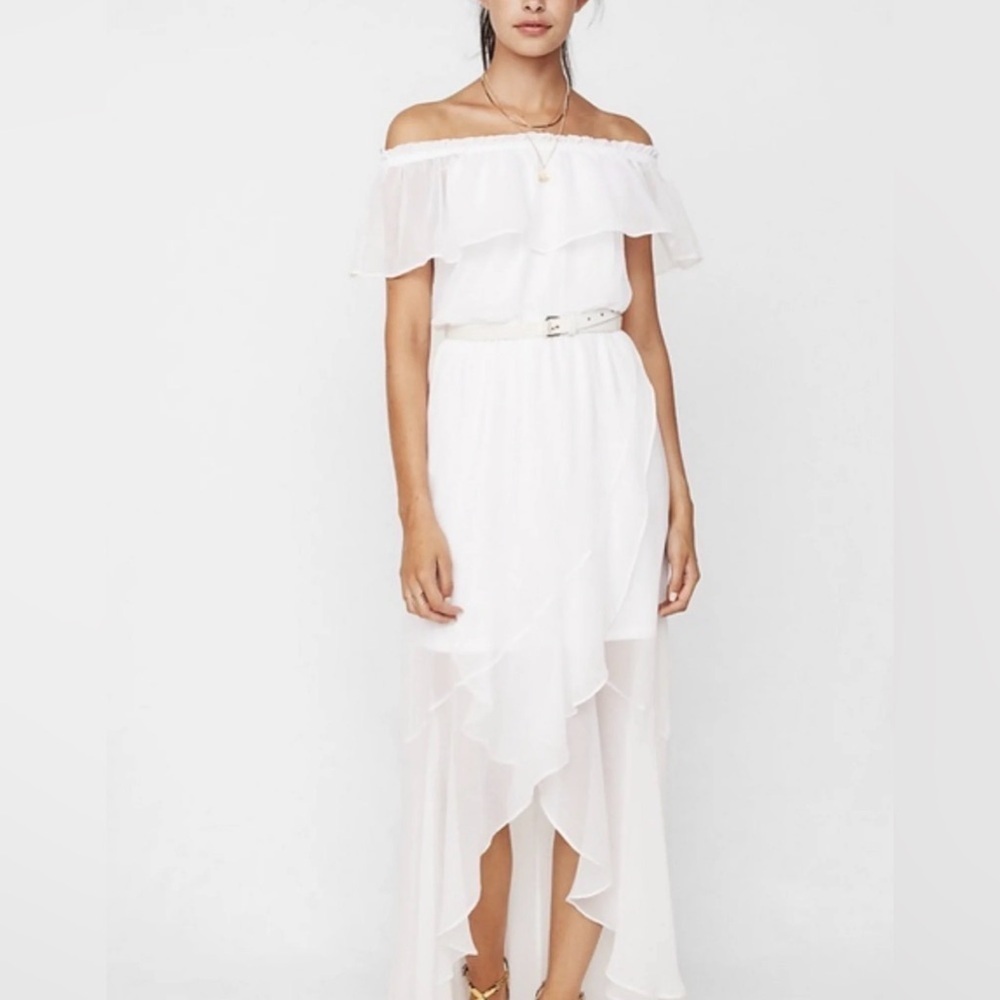 Express Women's M Medium Off the Shoulder Midi Dress Gauze Tiered Romantic White